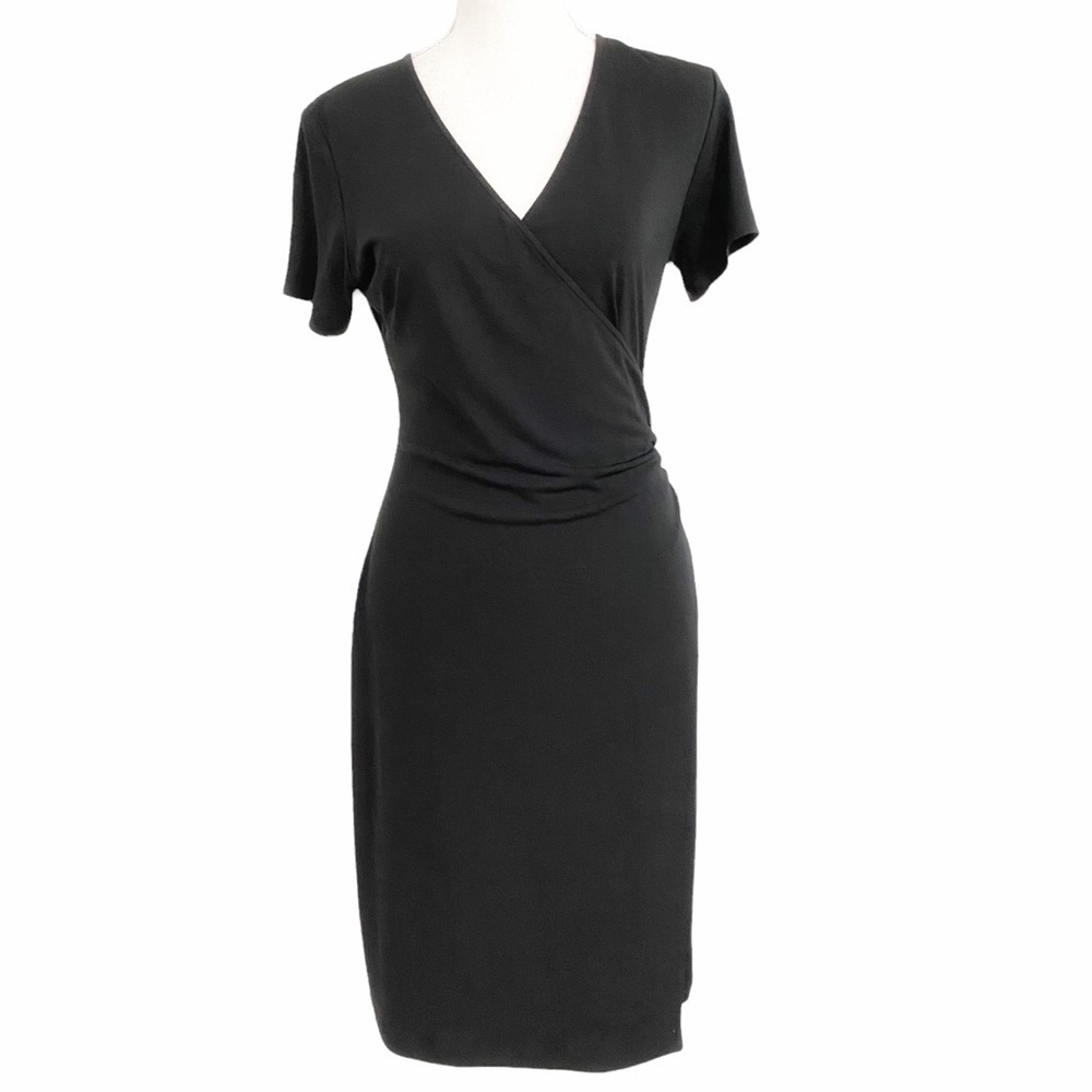 Gerard DAREL BLACK V-NECKLINE SURPLICE PLEATED SIDE SHORT SLEEVE MIDI DRESS
